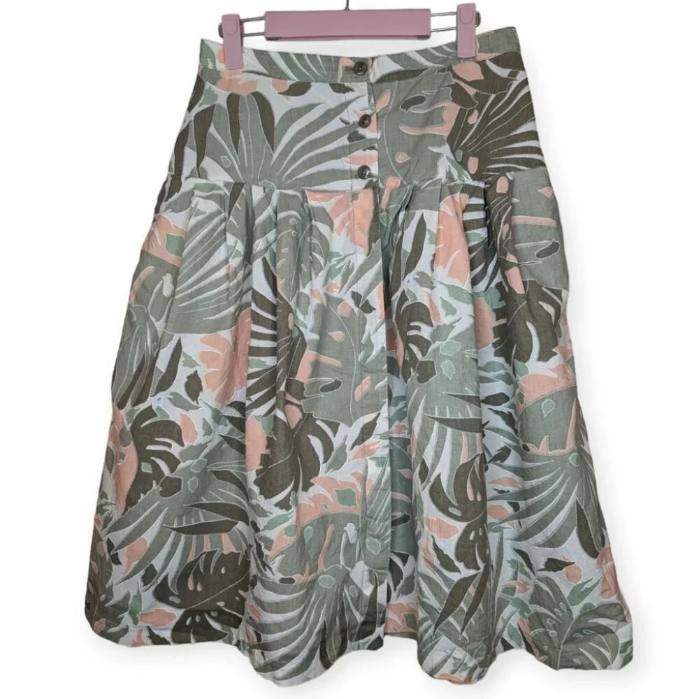 Vintage Garey Petites 100% Cotton A lIne Monstera Green Coral Floral Skirt 12